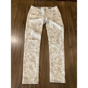 Cache Floral Lace Jacquard Print Skinny Jeans Gold/Off White lowrise Pants 2